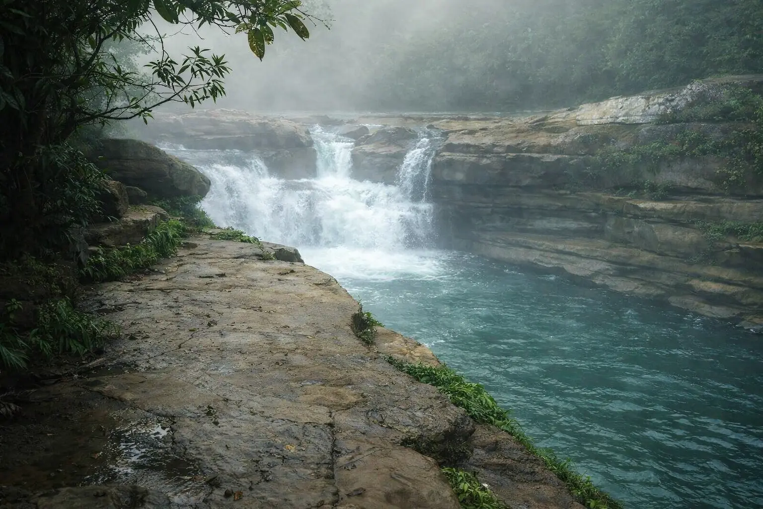 Scenic view of Nafakhum Waterfall in Bandarban, the Niagara of Bangladesh, surrounded by rocky terrain and lush green hills.